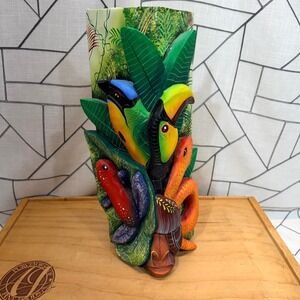 Costa Rica Boruca Mask Hand Carved Wood Toucan Snake Frog Jungle Folk Art 16"